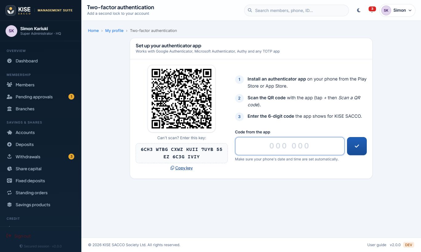 Two-factor setup page with QR code